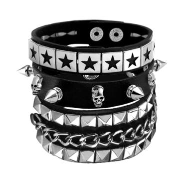 Imagem de Tosmifairy 3 peças pulseiras de couro punk rock para mulheres pop anos 80 anos 90 acessórios de joias emo retrô cravos ajustáveis punhos de pulso, One Size, Couro sintético, Sem pedras preciosas