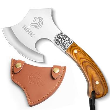 Imagem de NedFoss Machado de acampamento Warthog, machado pequeno de 23 cm com bainha de couro, machado de sobrevivência com cabo de madeira, machado tomahawk para mochila ao ar livre, arbustos, caminhadas