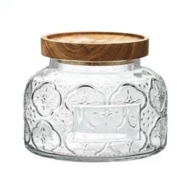 Imagem de ANSQU Pote de Vidro Vintage com Tampa de Madeira Maciça, Pote de Armazenamento de Alimentos com Padrão de Begônia de 25,4 Fl Oz, Armário de Armazenamento Decorativo para Cozinha Do (, Transparente)