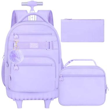 Imagem de HPJGD 3 peças de mochila com rodinhas para meninas, mochilas escolares femininas com rodas, resistente à água, conjunto com lancheira - roxo clássico, Conjunto de mochila clássica roxa com rodinhas,