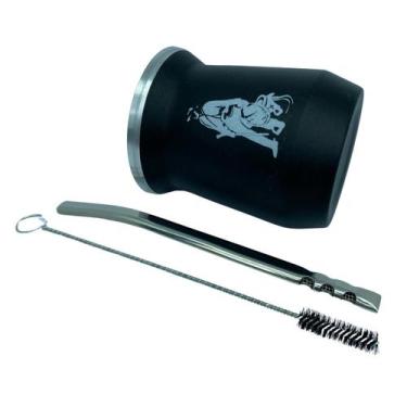 Imagem de Kit tereré copo cuia alumínio 350ml redondo preto parede dupla + bomba