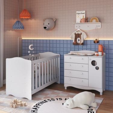 Imagem de Conjunto Quarto de Bebê 1 Berço 1 Colchão 1 Cômoda Trocador 1 Prateleira Branco