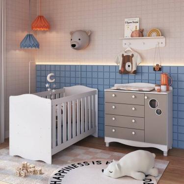 Imagem de Conjunto Quarto de Bebê 1 Berço 1 Colchão 1 Cômoda 4 Gavetas 1 Prateleira Branco/Cinnamon