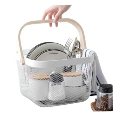 Imagem de Cesto Organizador Multiuso Quadrado de Ferro e Madeira - Clink,  Branc