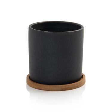 Imagem de Vaso Cachepot com Prato de Bambu Cinza Fosco P Cube Pozzani