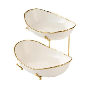 Imagem de WeiLaiKeQi Tigela de frutas cerâmicas para balcão de cozinha, suporte de frutas, cesta de frutas decorativas, modernas e em camadas para armazenamento de, Gold 2 Camada