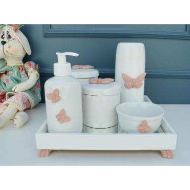 Imagem de Kit Higiene Bebê K045 Borboletas Rose Bandeja Mini Térmica Porcelana M