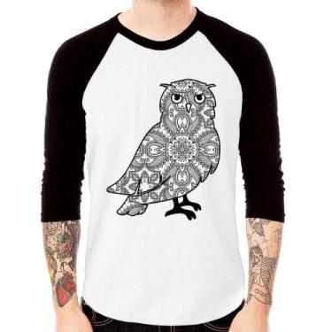 Imagem de Camiseta Raglan Coruja Mandala Manga 3/4 - Foca na Moda, Branco, Preto