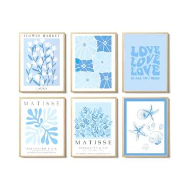 Imagem de LQOZTBX 6 peças de arte de parede de estética azul impressões em tela arte azul pôsteres de mercado de flores abstratas neutras pinturas boho minimalismo galeria de flores decoração de parede para