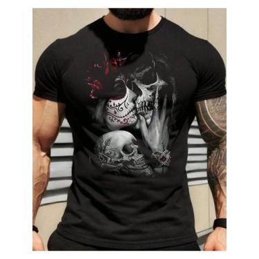 Imagem de Camiseta Masculina Amor e Morte - Estampa de Caveira e La Catrina em A