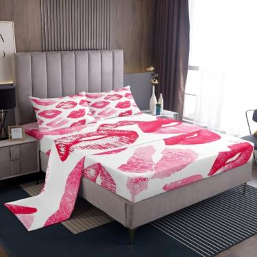 Imagem de jejeloiu Jogo de lençol feminino, com lábios vermelhos, beijos, com bolso alto, tamanho king, com estampa de batom, dia dos namorados, rosa e vermelho, 4 peças
