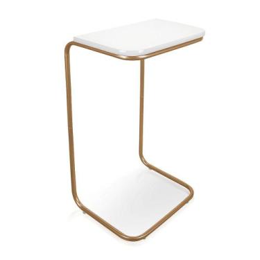 Imagem de Mesa Lateral Tampo Multiuso P/ Sofá Base Dourado Branco - DROSSI