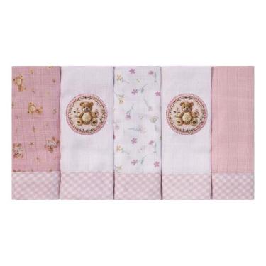 Imagem de Pano de Boca Bordado para Bebê 05 Unidades Baby Joy Fábula, Ursa Rosa