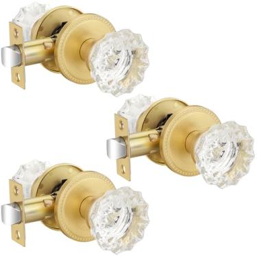 Imagem de EHOMEWARE Maçanetas de porta de cristal transparente, pacote com 3 maçanetas internas douradas, maçaneta de porta de passagem sem chave, maçaneta de porta de vidro sem trava, universal para portas do