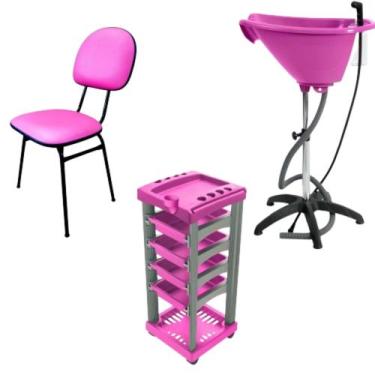 Imagem de kit salão rosa carrinho + lavatório portátil + cadeira fixa - SANTA CL