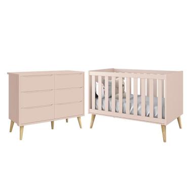 Imagem de Jogo de Quarto Infantil Theo Cômoda 6 Gavetas e Berço com Pés Madeira Natural - Reller Móveis Rosa Fosco
