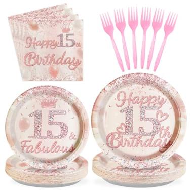 Imagem de 96 peças de artigos para festa de 15 anos 350 g/m² descartáveis, ouro rosa, pratos de aniversário de 15 anos, guardanapos, garfos, conjunto de utensílios de mesa, decorações de 15 anos para meninas,
