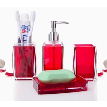 Imagem de TUANYO Conjunto De Acessórios Para Banheiro Vermelho, 4 Peças Acrílico Com Dispensador Sabonete, Saboneteira, Porta-Escovas Dente, Copo, Decoração Moderno, Presente Casa