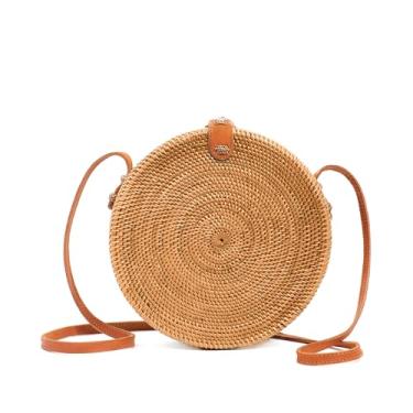 Imagem de Novum Crafts Bolsa de vime redonda para mulheres - Bolsa de tecido de vime Ata feita à mão - Círculo, quadrado, oval marrom palha Boho Bags, Marrom médio, Diameter: 7 3/4” (20 cm)