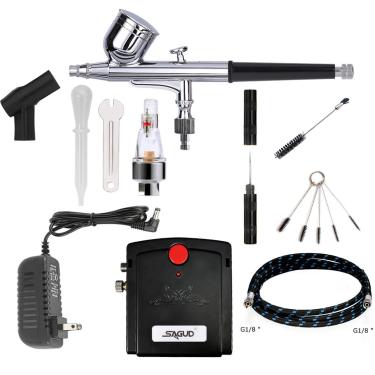 Imagem de SAGUD Kit de aerógrafo com mini compressor de escova de ar portátil – Gravity Feed Dual – Pistola de aerógrafo de ação para decoração de bolos, hobby, artesanato, tatuagem, pregos, maquiagem com kit de limpeza de aerógrafo