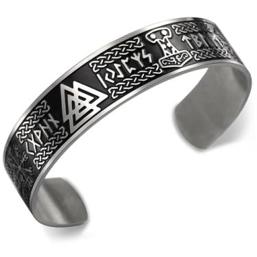 Imagem de VASSAGO Viking Pulseira para homens mulheres nórdico Runa Mjolnir Vegvisir bússolas Triskele Valknut Helm of Awe nó celta triquetra amuleto pulseira jóias, Talla única, Aço inoxidável, Sem Pedra