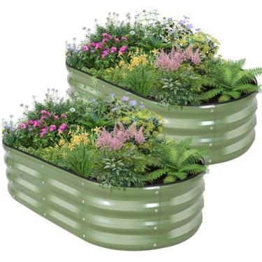 Imagem de BIRDSINYARD Canteiro de jardim galvanizado elevado – 2 unidades de canteiros elevados para jardinagem | Caixa oval de metal para jardim com bordas de segurança e luvas para vegetais, frutas e flores,