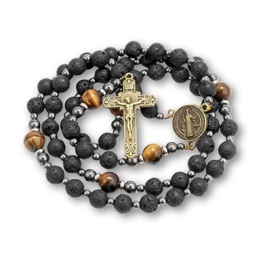 Imagem de Rosário preto de pedra vulcânica para homens, colar de rosário católico com medalha de santo e cruz, colar de rosário forte com contas de olho de tigre amarelo em caixa de presente portátil, 52 cm