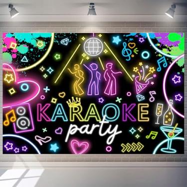 Imagem de Pano de fundo de festa de karaokê, faixa de fundo de rock and roll, tapeçaria neon para dança, tema musical, karaokê, decorações de festa, aniversário, fotografia de fundo para crianças e adultos (1,8