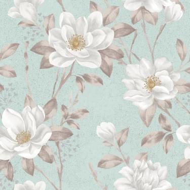 Imagem de Livelynine Papel de parede floral de 17,5 x 276 cm, magnólia, verde, branco, vintage, papel de parede, autoadesivo, removível, verde claro, floral, para armários, gavetas, vinil, arte de parede