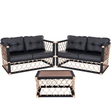 Imagem de 2 Poltronas Namoradeira Preta + Mesa Centro Em Alumínio