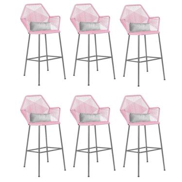 Imagem de Kit 06 Banqueta Alta Sttar Ferro Prata Fibra Rosa Bebê Almofada Suede Branco - Amey Decor