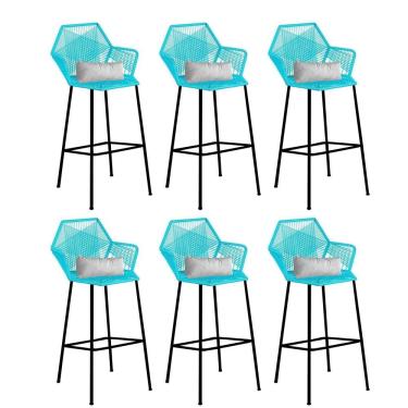 Imagem de Kit 06 Banqueta Alta Sttar Ferro Preto Fibra Azul Turquesa Almofada Corino Branco - Amey Decor