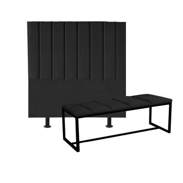 Imagem de Kit Cabeceira Carla E Calçadeira Industrial 160cm Queen Size Box Ferro Preto Corino Preto
