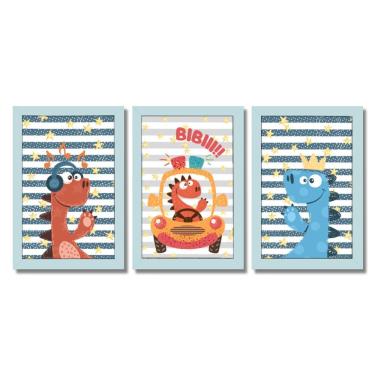 Imagem de Kit Quadros Infantil Dinossauro Kids 20x30 3 Peças Titulos Moldura Azul