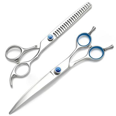 Imagem de Tesoura de cão curva de 7 polegadas para cuidados, tesouras de animais de estimação de aço JP440C afiadas, alça ergonômica, para coelhos gatos rosto orelha rabo pata corte de cabelo