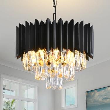 Imagem de AKDXIRUN Lustre De Cristal Moderno, 3 Níveis, K9, Redondo, Preto, Luminária Pendente Teto Pequena Contemporânea Para Sala Jantar, Quarto, Hall Entrada, Cozinha, 16 Pol.