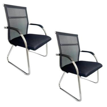 Imagem de Kit 02 Cadeiras Interlocutor Mesh Fixa Roma Preta W-122 Pé Trapézio - 