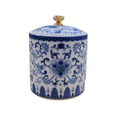 Imagem de wsmart Pequena adega de sal de porcelana azul e branca vintage com tampa Recipiente de cerâmica para bancada, pote hermético de especiarias, prato de armazenamento de cozinha