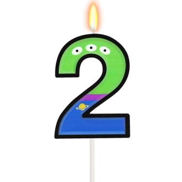 Imagem de Topo de bolo de aniversário com tema de desenho animado número 2 com tema de brinquedo extraterrestres verde desenho animado decoração de festa de aniversário suprimentos