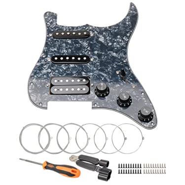 Imagem de Unxuey Escudo de guitarra carregado com 11 furos SSH com captador preto Humbucker conjunto de placas de raspar pré-cabeadas para Fender Strat, pérola preta de 3 camadas, com cordas de guitarra e ferramenta de instalação