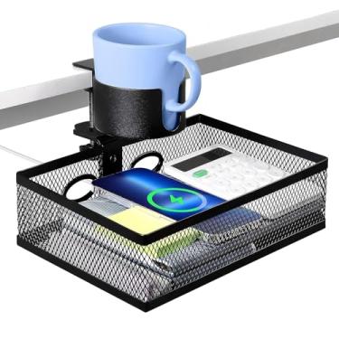 Imagem de Gaveta Sob a Secretária, Prateleira de Armazenamento Rotacionável 360 Graus, Sem Furação Gaveta Oculta sob a Mesa com Porta-copos e Furos para Cabos para Cozinha Estúdio Dormitório Armário Quarto Sala