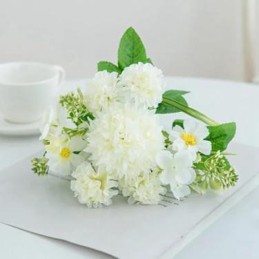 Imagem de Flores artificiais de seda, bola de lilás, crisântemo, decoração para festa de casamento, buquê de noiva, decoração de mesa de jantar faça você mesmo (4 peças/branco)