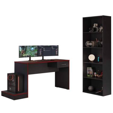 Imagem de Mesa Gamer 1 Gaveta E Estante Livreiro Preto Vermelho ARLY