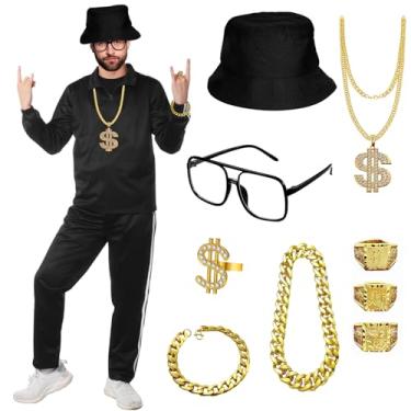 Imagem de Yi-gog Conjunto de agasalho masculino dos anos 80, 90, 11 peças, chapéu, 3 anéis, anéis de dólar, colar de dólar, pulseira, óculos, Preto, XXG