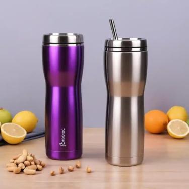 Imagem de Copo Térmico Parede Dupla em Aço Inox Roxa 500ml com Canudo - Estilo Esportivo