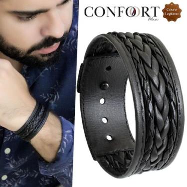 Imagem de Pulseira de Couro Preto Masculina Tiras Trançada Artesanal Ajustável -