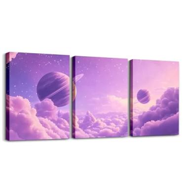Imagem de Feelyou Arte de parede em tela de 3 peças de galáxia roxa para sala de estar, quarto, sistema solar estrelado, arte de parede para decoração de casa, espaço impresso em 3D, decoração de escritório