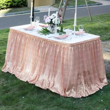 Imagem de Saia de mesa com lantejoulas vermelhas, retangular, quadrada, redonda, brilhante, toalha de mesa para festa de casamento, jantar, chá de bebê, decoração, 1 peça, ouro rosa, 70 x 122 cm