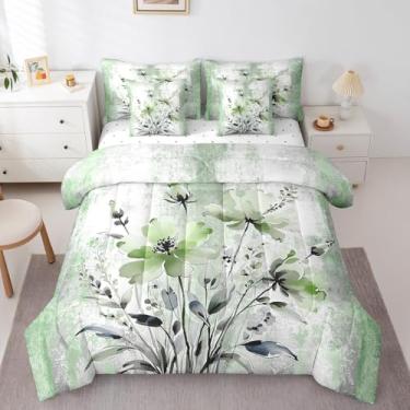 Imagem de Erosebridal Conjunto de edredom solteiro com estampa de pintura a óleo abstrata, 7 peças, roupa de cama rústica de fazenda com floral verde outono, verde-turquesa, azul-petróleo, cinza, para decoração