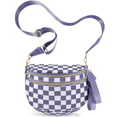 Imagem de NEWROGENG Bolsas transversais quadriculadas para mulheres, bolsas grandes de nylon plus size, pochete com alça de cinto para mulheres e viagens, Xadrez roxo